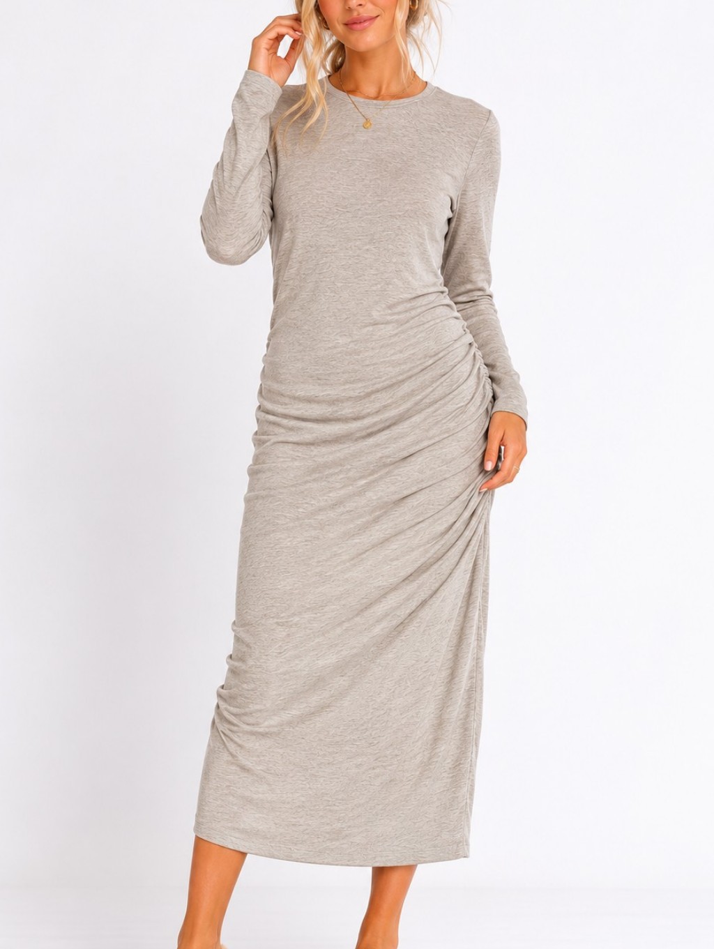 Soft Stretch Knit Casual Midi Lounge Dress, Trendy Neutral Everyday Outfit